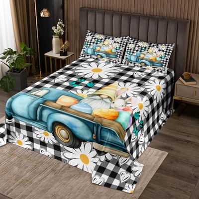 Erosebridal Easter Truck Quilt Twin Gnome Eggs Bedspread Rabbit Flower Spring Daisy Coverlet for Kids Adults Vintage Black Buffalo Check Bedroom Decor Bedspread Quilt Set