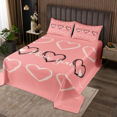 Erosebridal I Love You Quilt Queen Pink Heart Print Bedspread Happy Valentine's Day Coverlet for Woman Wife Husband Geometric Love Arrow Bedroom Decor Bedspread Quilt Set