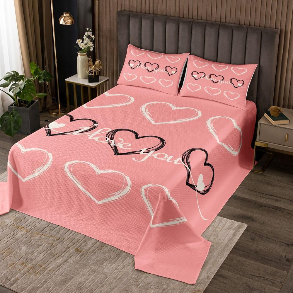 Erosebridal I Love You Quilt Queen Pink Heart Print Bedspread Happy Valentine's Day Coverlet for Woman Wife Husband Geometric Love Arrow Bedroom Decor Bedspread Quilt Set
