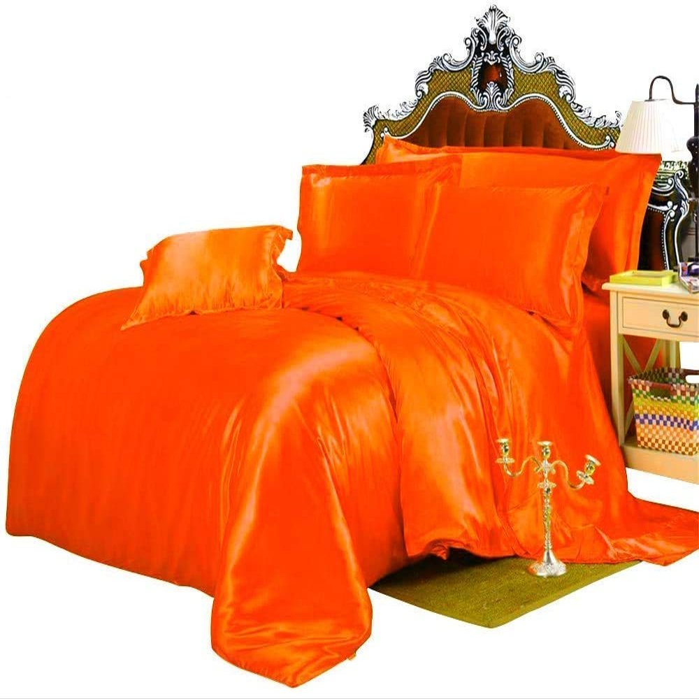 Kanak Bedding All Season Comforter 400GSM 7Pc 100% Silk Satin Sheet Set with Comforter Hotel Luxury Bed Sheets Cooling Sheets Set Twin Orange