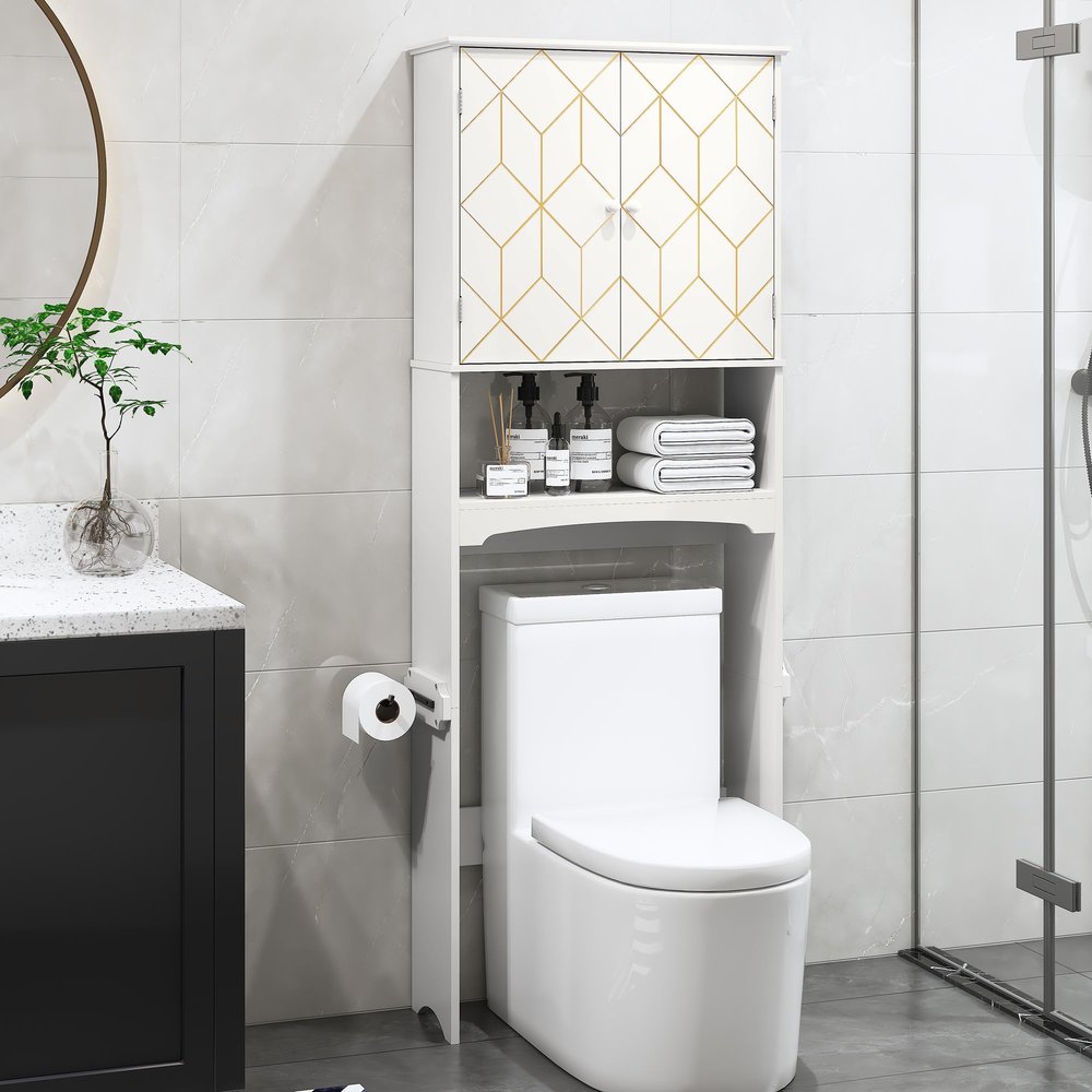 AZODY Over The Toilet Storage Cabinet with Gold Trim, Modern Bathroom Organizer Over Toilet with Adjustable Shelves and Toilet Paper Holder for Bathroom (White)