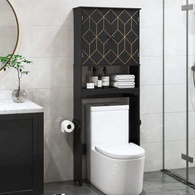 AZODY Over The Toilet Storage Cabinet with Gold Trim, Modern Bathroom Organizer Over Toilet with Adjustable Shelves and Toilet Paper Holder for Bathroom (Black)
