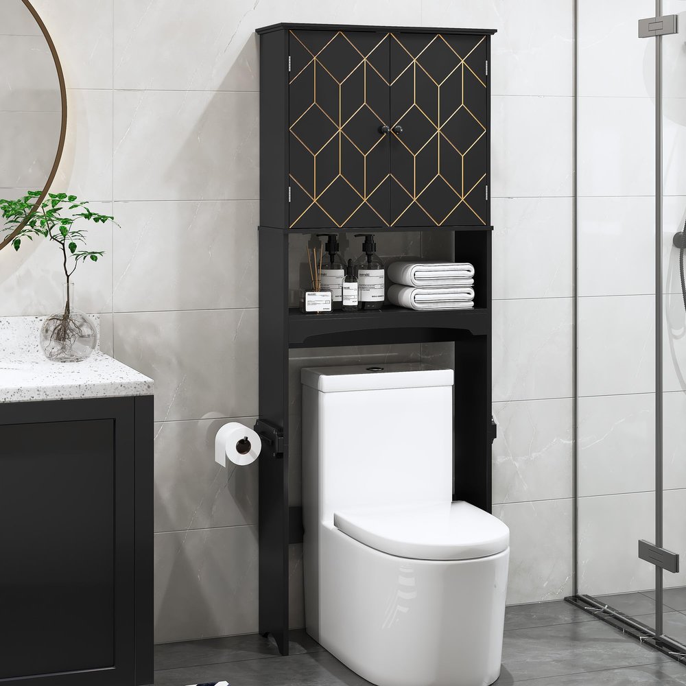 AZODY Over The Toilet Storage Cabinet with Gold Trim, Modern Bathroom Organizer Over Toilet with Adjustable Shelves and Toilet Paper Holder for Bathroom (Black)