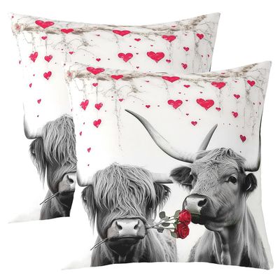 Set of 2 Happy Valentine's Day Throw Pillow Covers 16x16 Romantic Cow Pillow Covers Couple Red Heart Tree Love Farmhouse Valentines Cushion Covers Rose Floral Grey Marble Cushion Cases