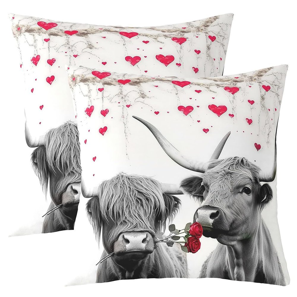 Set of 2 Happy Valentine's Day Throw Pillow Covers 16x16 Romantic Cow Pillow Covers Couple Red Heart Tree Love Farmhouse Valentines Cushion Covers Rose Floral Grey Marble Cushion Cases