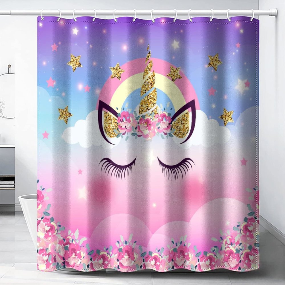 Cartoon Cute Unicorn Fabric Shower Curtain,Funny Rainbow Girly Pink Roses Flower Unicorn Print Hotel Quality,Machine Washable,72L x72W for Bathroom.