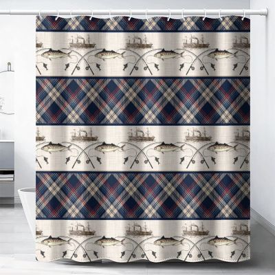 Abstract Fishing Shower Curtain,Retro Nautical Theme Wildlife Fishing Boat Plaid Decor Bathroom Curtain 72L x72W Durable Cloth Fabric Bathroom Decor Set with Hooks