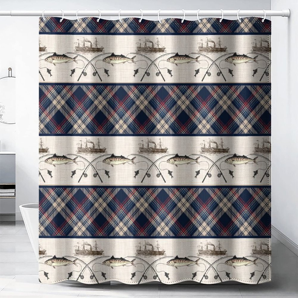 Abstract Fishing Shower Curtain,Retro Nautical Theme Wildlife Fishing Boat Plaid Decor Bathroom Curtain 72L x72W Durable Cloth Fabric Bathroom Decor Set with Hooks