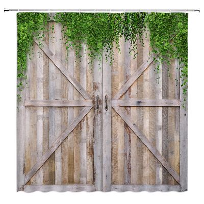ABONAN Rustic Wooden Barn Door Shower Curtain Vintage Green Leaves Farmhouse Wood Board Plank Country Cabin Farm Country Life Fabric Bathroom Curtains Decor Set with Hook(67" Wx70 H)