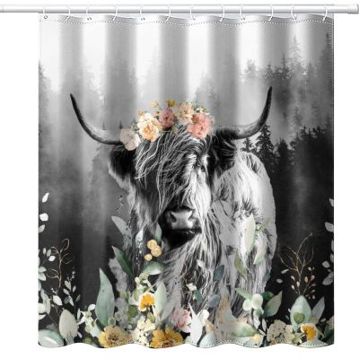 INSFBRB Rustic Highland Cow Fabric Shower Curtain,Vintage Farmhouse Misty Forest Sunflower Eucalyptus Hotel Quality,Machine Washable,84L x72W for Bathroom.