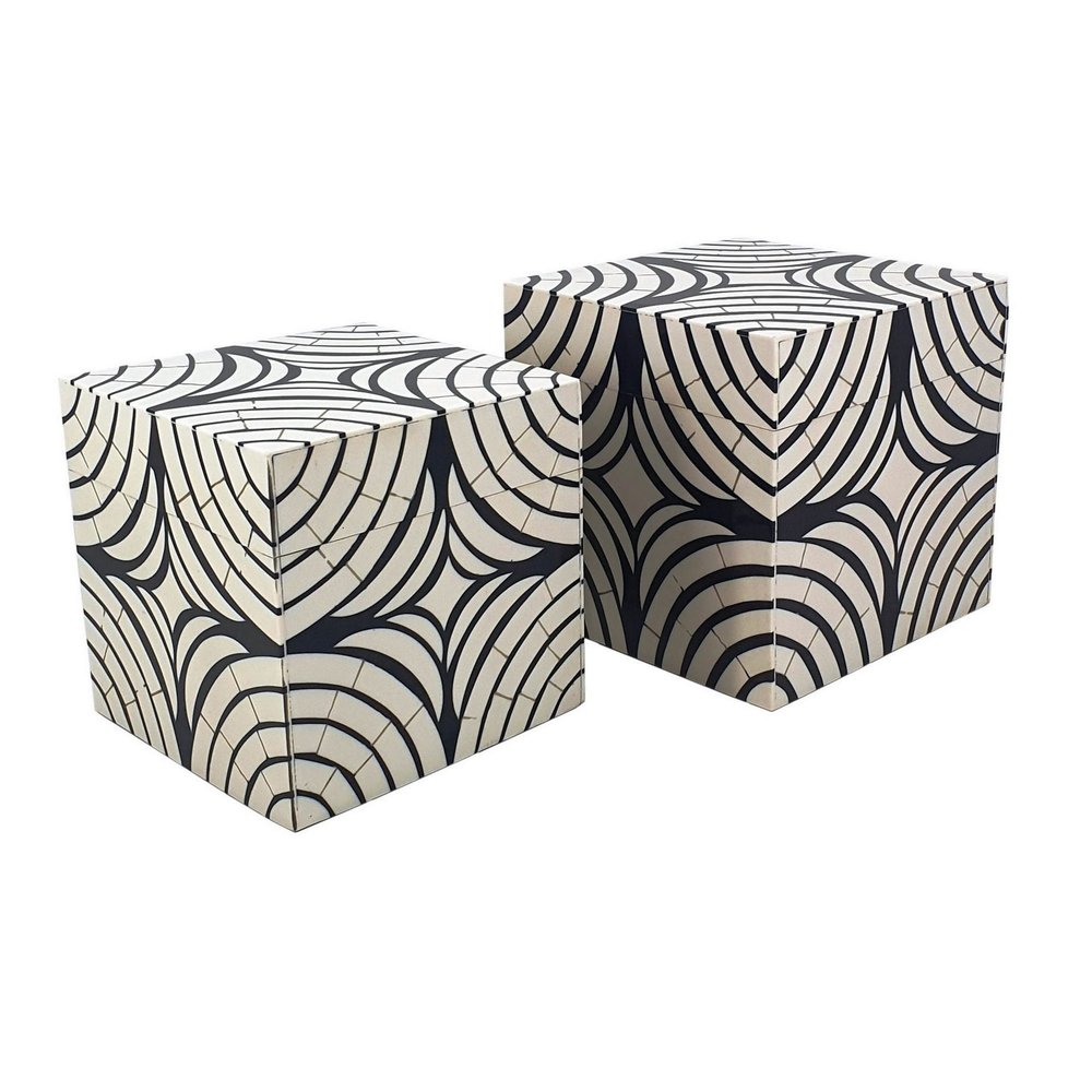 BenJara BM285922 8 x 7 in. Wood Frame Trellis Storage Box Black & White - Set of 2
