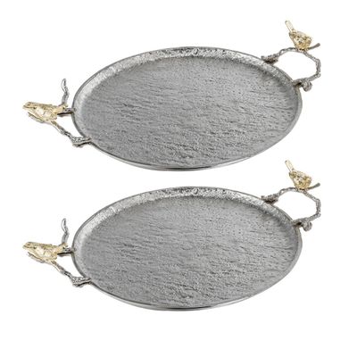 Benjara 21 Inch Decorative Tray Set of 2, Perched Birds Metal, Large, Silver