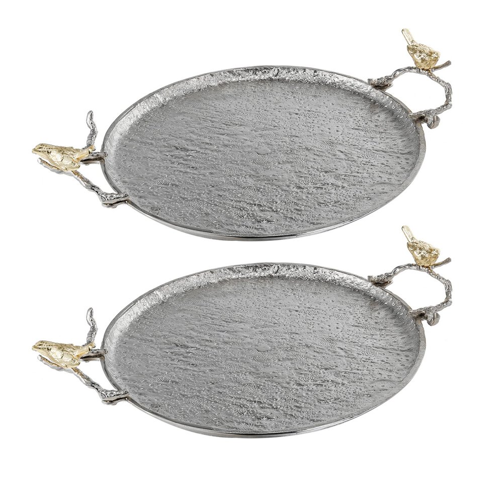 Benjara 21 Inch Decorative Tray Set of 2, Perched Birds Metal, Large, Silver