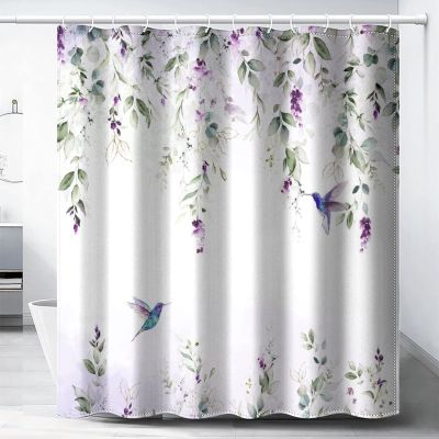 Abstract Eucalyptus Hummingbird Shower Curtain,Watercolor Purple Eucalyptus Floral Hummingbird Bathroom Curtain 72L x72W Washable Cloth Fabric Bathroom Decor Set with Hooks