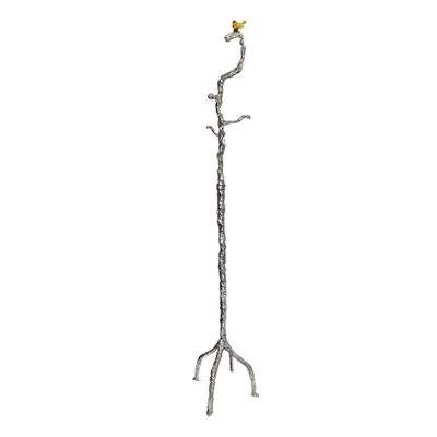 Benjara 71 Inch Modern Aluminum Coat Stand, Branch Accent, Perched Bird, Silver and Gold