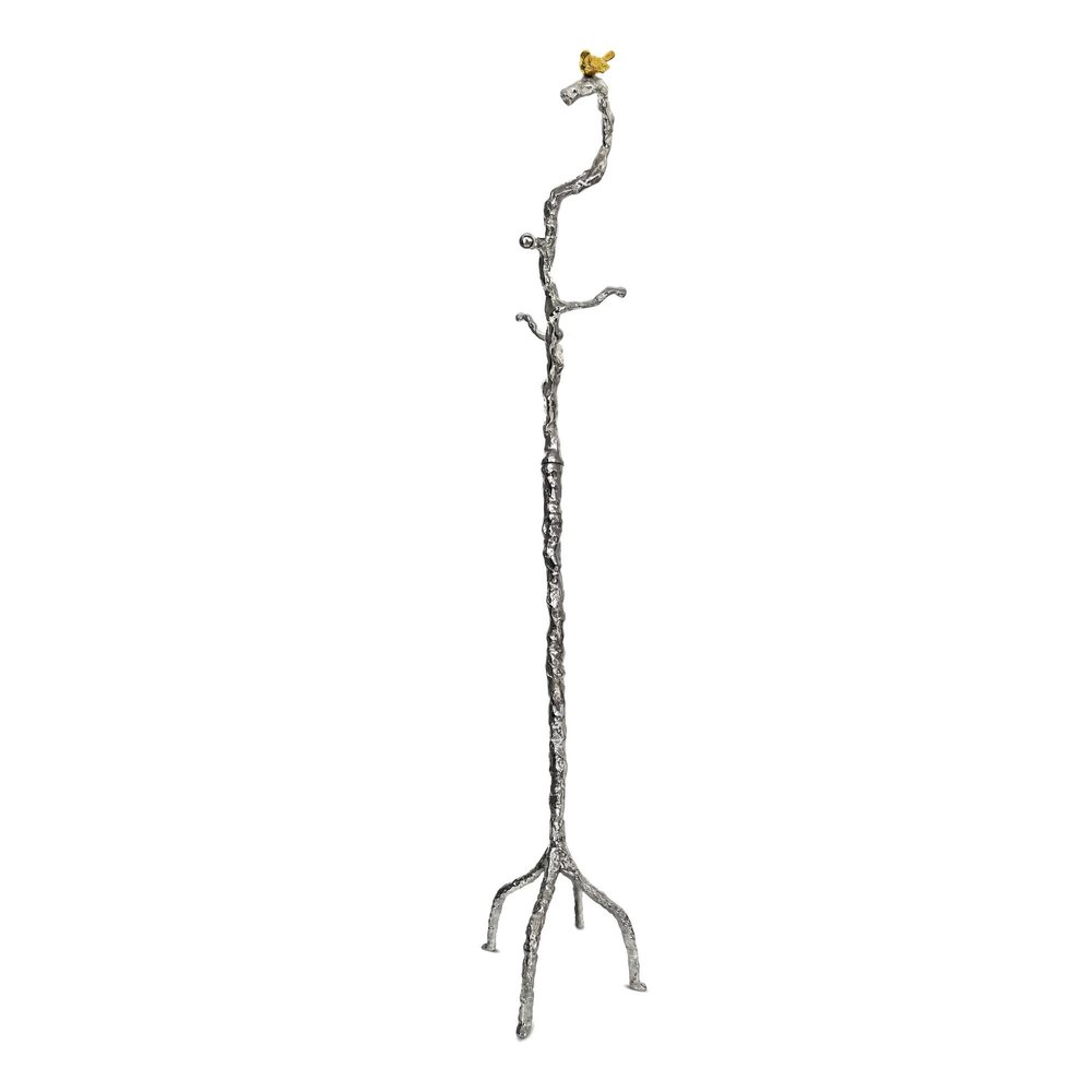 Benjara 71 Inch Modern Aluminum Coat Stand, Branch Accent, Perched Bird, Silver and Gold