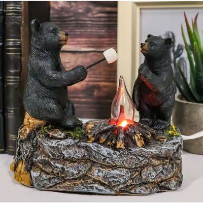 1 Pcs Rustic Forest Father Son Black Bears Making Smores Bonfire Night Light Figurine