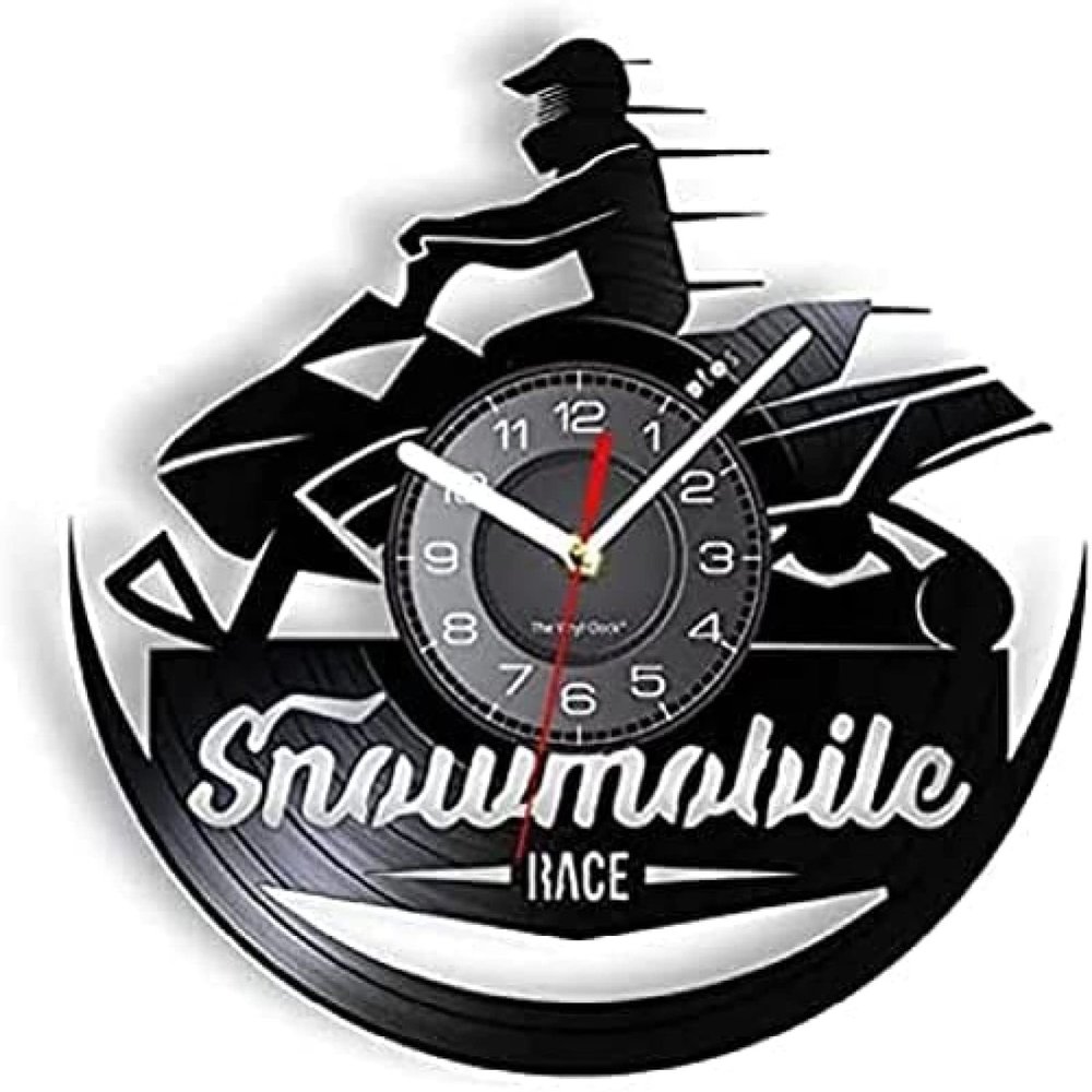 12 Inch Wall Clock Silent Non-Ticking Snowmobile Racing Decorative Wall Clock for Bedroom Winter Home Decor Snow Machine Motor Sretro Vinyl Record Clock Gift