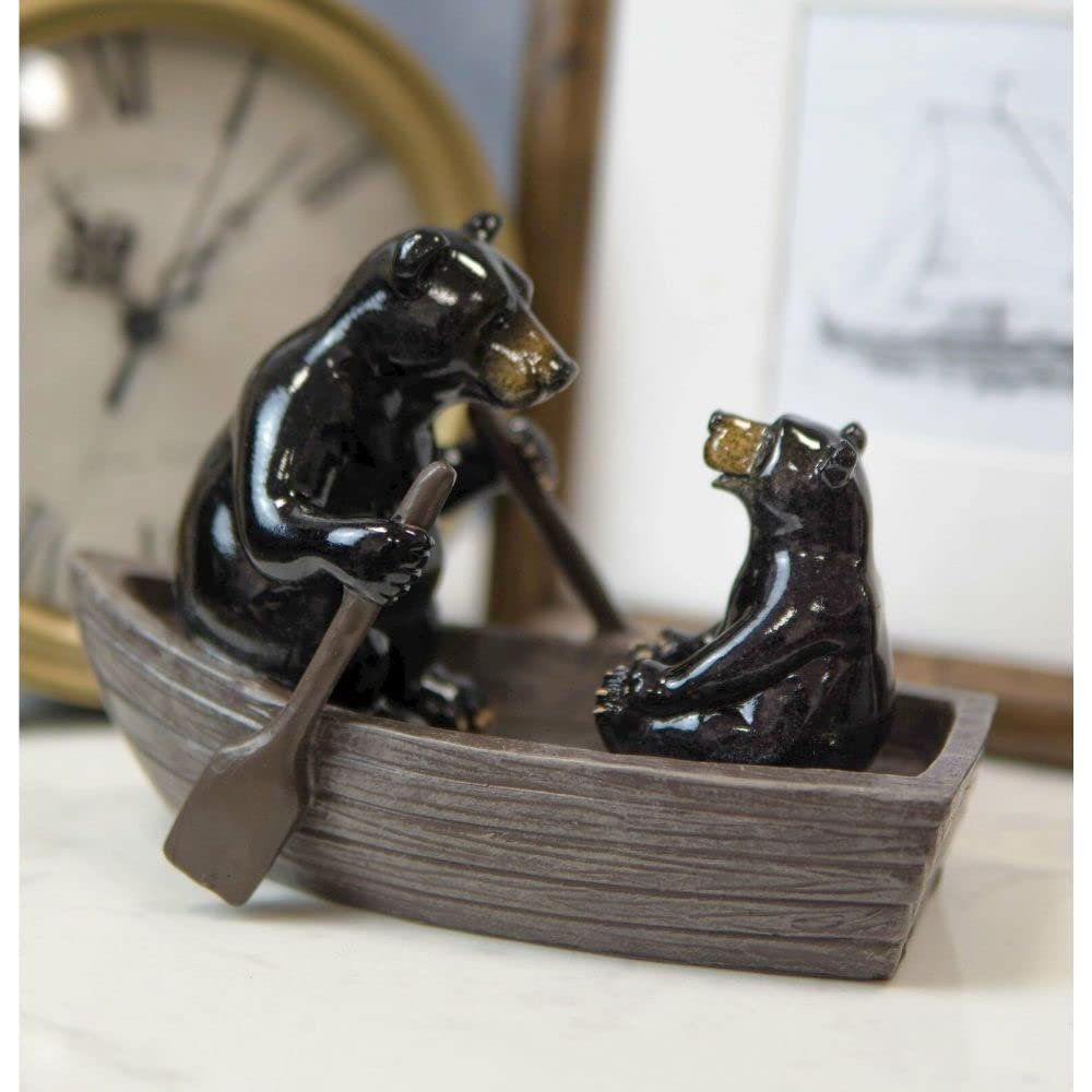1 Pcs Western Rustic Black Bears Father and Son Family Rowing Canoe Boat Figurine