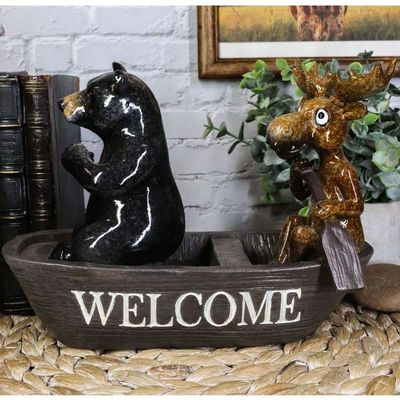 1 Pcs Western Rustic Black Bear And Elk Moose Rowing Boat Canoe Decorative Figurine