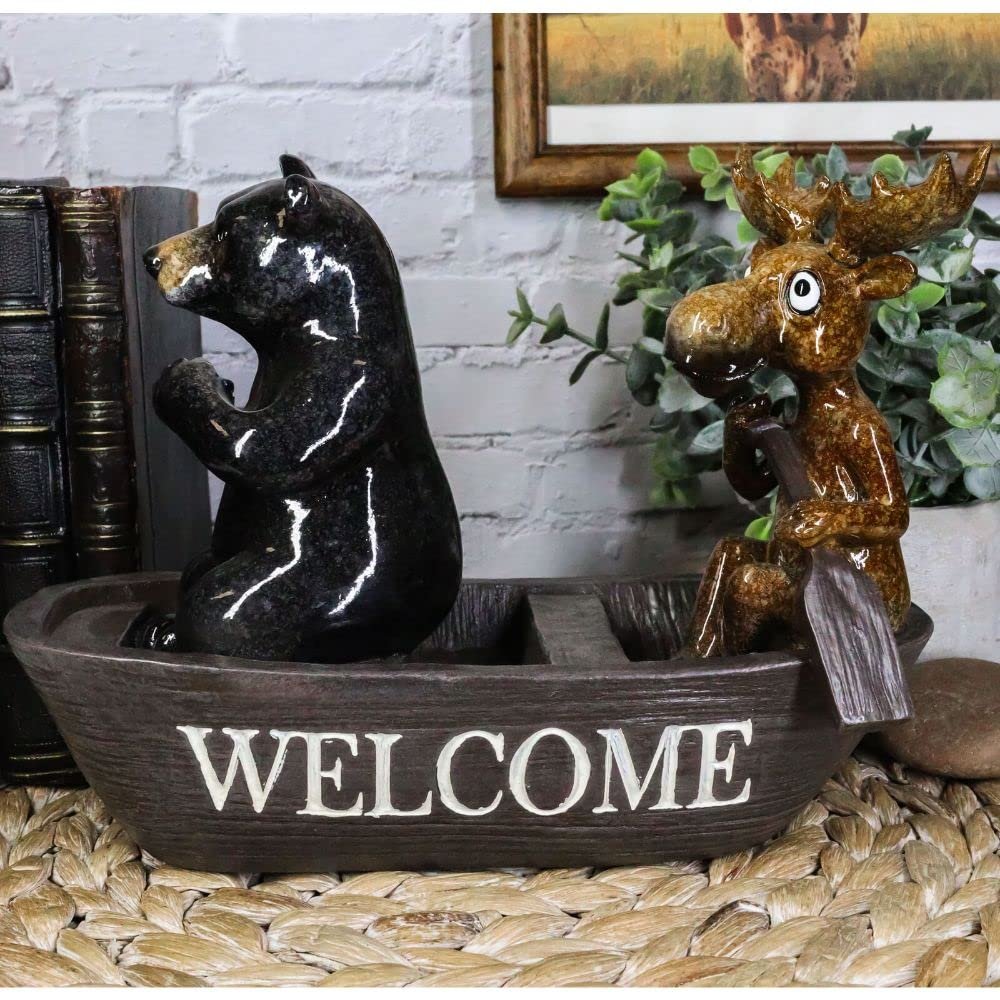 1 Pcs Western Rustic Black Bear And Elk Moose Rowing Boat Canoe Decorative Figurine