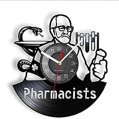 12 Inch Round Wall Clock Pharmacists Wall Clock Made of Real Vinyl Record Medicine Snake Test Tube Wall Watch Pharmacy Hanging Decor Gift