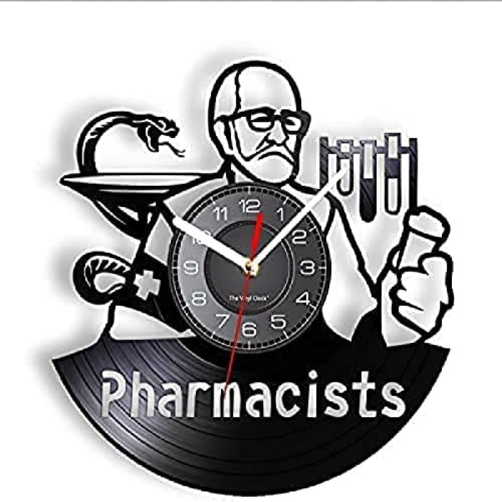 12 Inch Round Wall Clock Pharmacists Wall Clock Made of Real Vinyl Record Medicine Snake Test Tube Wall Watch Pharmacy Hanging Decor Gift