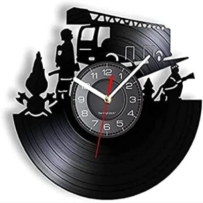 12 Inch Wall Clock Silent Non-Ticking Firemen Clock Fire Truck Vintage Vinyl Record Wall Clock Fire Fighting Truck Vintage Time Clock Firefighter Fire Dept Wall Decor Gift