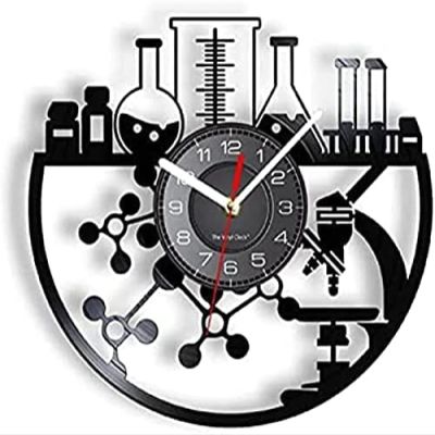 12 Inch Wall Clock Silent Non-Ticking Chemical Experiment Vinyl Record Wall Clock Chemistry Microscope Bunsen Burner Retro Wall Watch Laboratory Science Decor Watch Gift