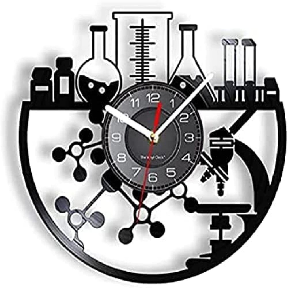 12 Inch Wall Clock Silent Non-Ticking Chemical Experiment Vinyl Record Wall Clock Chemistry Microscope Bunsen Burner Retro Wall Watch Laboratory Science Decor Watch Gift