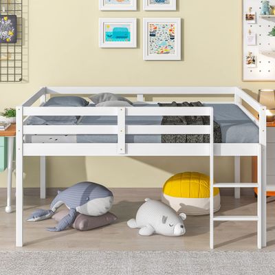 Anwickmak Full Loft Beds with Ladders, Solid Wood Low Loft Bed Frame, Modern Fun Junior Loft Bed for Kids Boys Girls, White