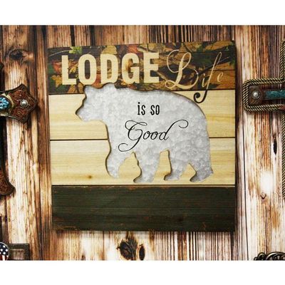 1 Pcs 15.75" W Rustic 'Lodge Life is So Good' Hand Painted Wooden SignWith Bear