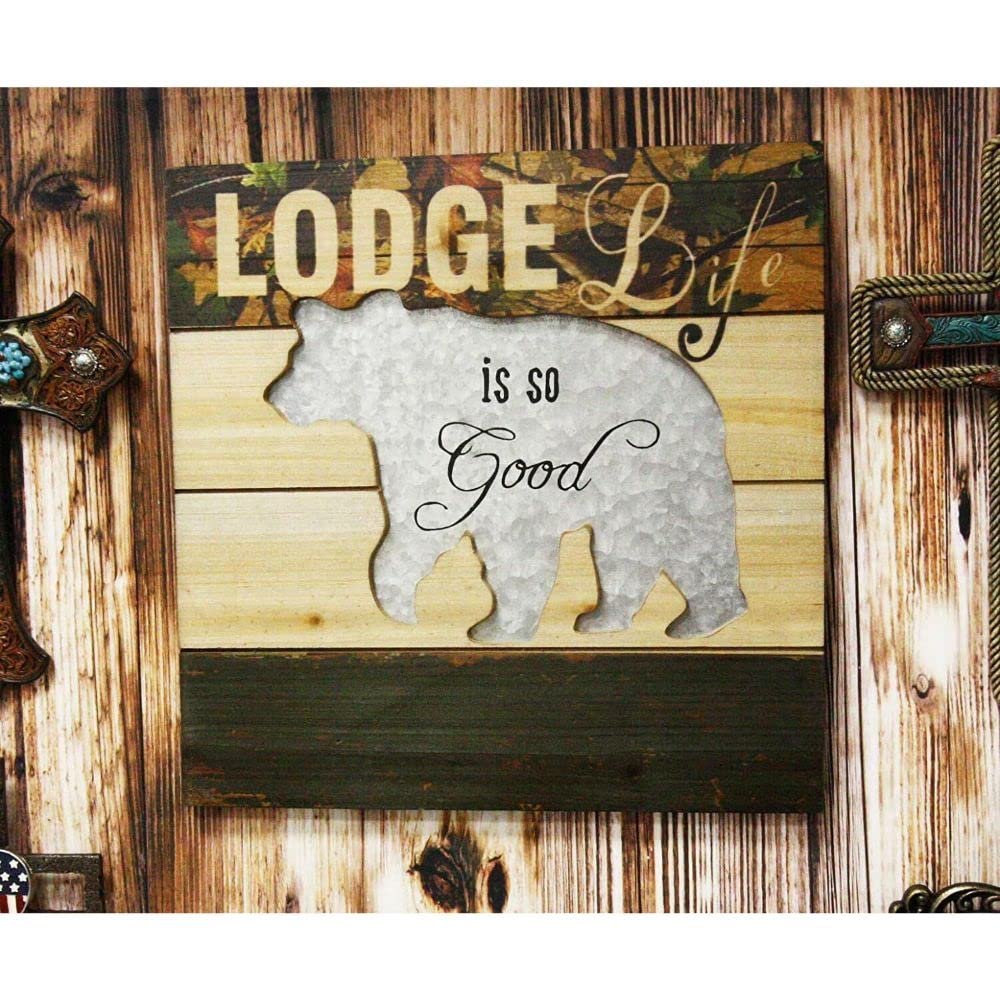 1 Pcs 15.75" W Rustic 'Lodge Life is So Good' Hand Painted Wooden SignWith Bear