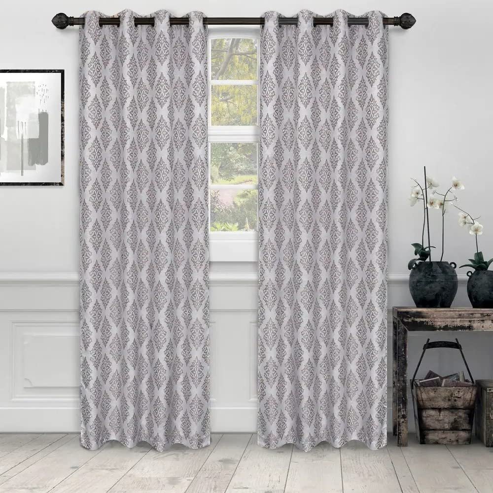 Beautiful Venetian Filigree Design Gray Color Blackout Curtains No Light 52" x 84" Size, Chic Style Gorgeous Damask Pattern, Stainless Steel Finish | All Season Pretty Silver Shade Machine Washable