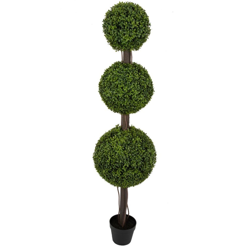 SilksAreForever 5' Outdoor UV-Proof Artificial English Boxwood Triple Ball-Shaped Artificial Topiary Tree w/Pot -2 Tone Green