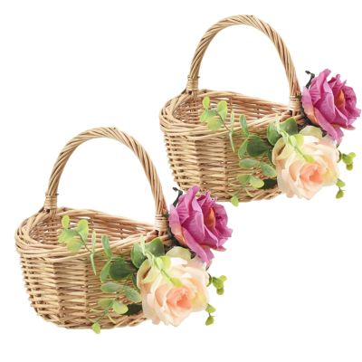 BestAlice 2 Pcs Flower Girl Baskets for Weddings, Wicker Rattan Flower Basket with Handle and Silk Cloth Rose, Portable Flower Basket, Rustic Flower Girl Basket for Farmhouse Wedding Home Decor