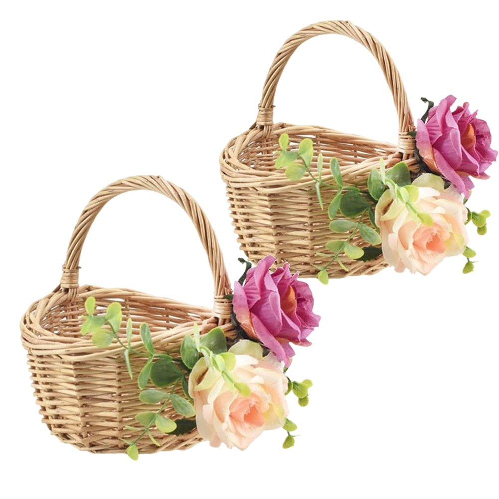 BestAlice 2 Pcs Flower Girl Baskets for Weddings, Wicker Rattan Flower Basket with Handle and Silk Cloth Rose, Portable Flower Basket, Rustic Flower Girl Basket for Farmhouse Wedding Home Decor