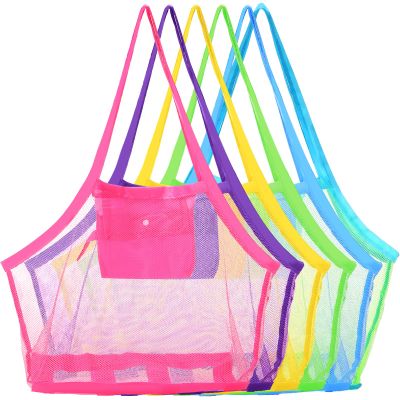Woanger 6 Pcs Summer Mesh Beach Bag Extra Large Toy Gear Foldable Bags and Totes for Children Toddler Beach Toys Market Grocery Picnic Vacation Storage, 18 x 12 x 18''