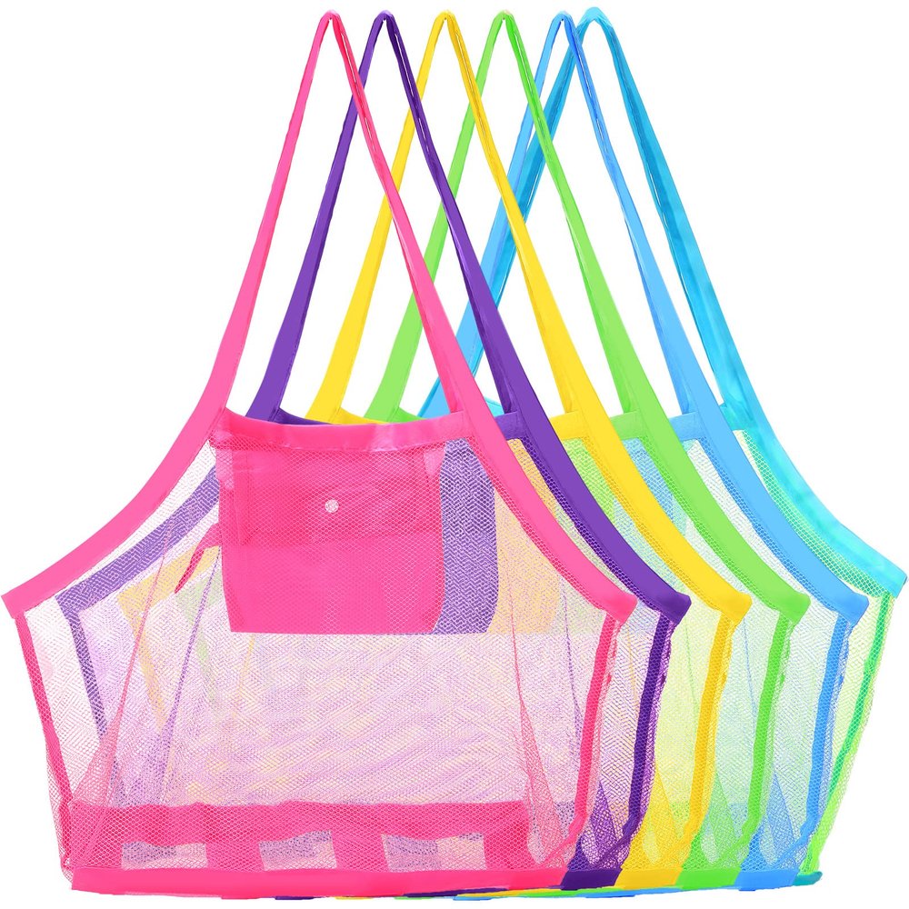 Woanger 6 Pcs Summer Mesh Beach Bag Extra Large Toy Gear Foldable Bags and Totes for Children Toddler Beach Toys Market Grocery Picnic Vacation Storage, 18 x 12 x 18''