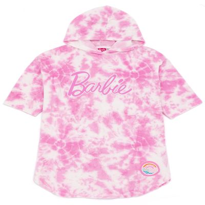 Barbie Girls Towel Poncho | Kids Pink Tie Dye Wearable Bath Towel | Doll Graphic Changing Robe | Cosy Swimwear Beach Cover Up