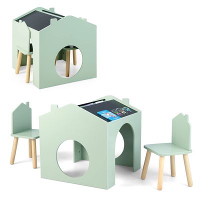 Costzon Kids Table and Chairs, 3 Pieces Wooden Art Table Set w/Chalkboards for Children Activity, Crafts, Reading, Drawing, Space-Saving Design, House-Shaped Toddler Table and Chair Set (Green)