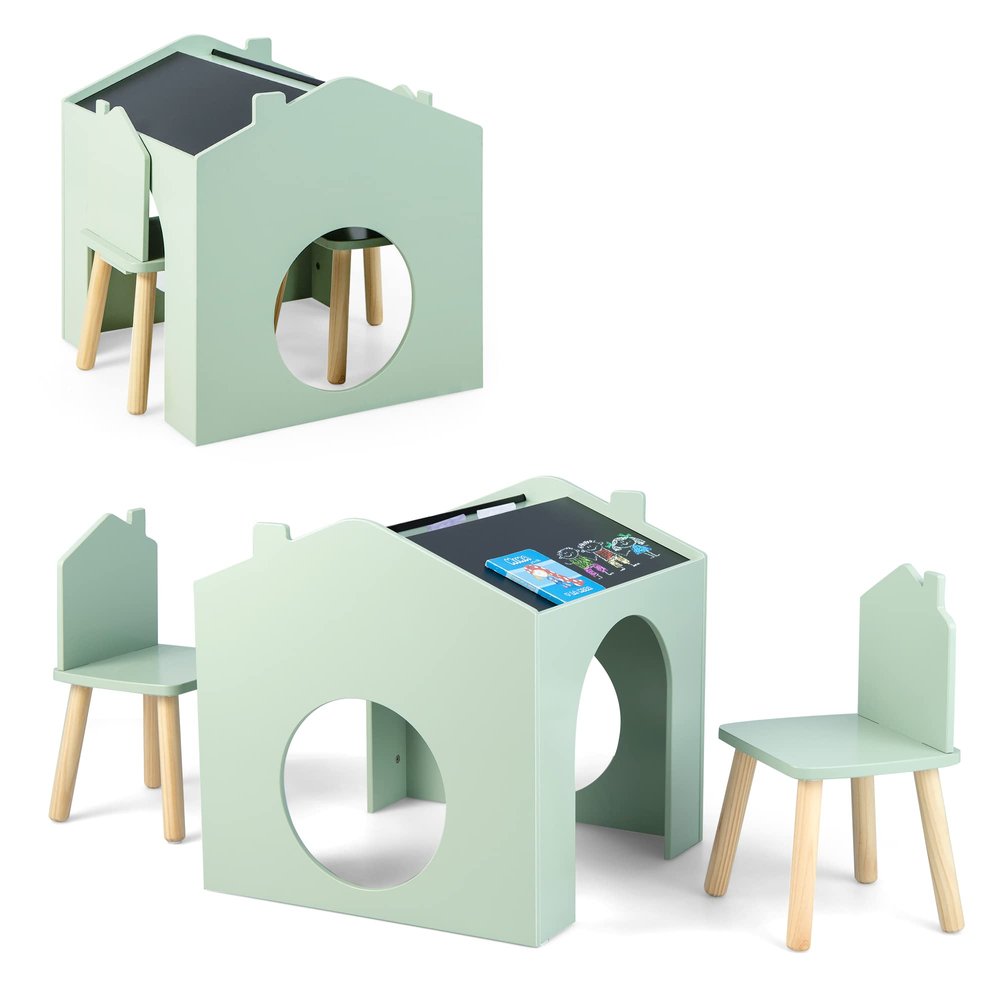 Costzon Kids Table and Chairs, 3 Pieces Wooden Art Table Set w/Chalkboards for Children Activity, Crafts, Reading, Drawing, Space-Saving Design, House-Shaped Toddler Table and Chair Set (Green)