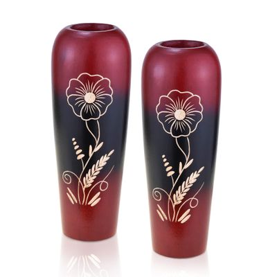 AeraVida Delightful Blossoming Flower Red 8-Inch Mango Tree Wood Vase | Handcrafted Rustic Flower Vase for Home Decor Accent
