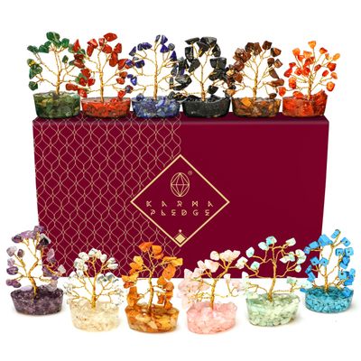 Crystal Tree Set of 12 Unique Birthday Gifts for Women, Sister, Mom & Dad, Home Office Decor for Positive Energy, Bring Good Luck, Money, Reiki Healing Stone Chakra Tree of Life Return Gift Sets