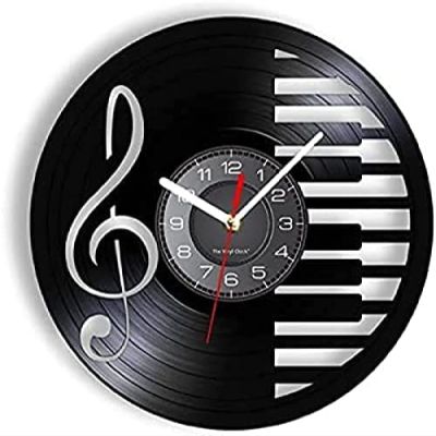 12 Inch Round Wall Clock Piano Room Wall Sign Decor Music Notes Mute Vinyl Record Clock Wall Art Silent Quartz Vinyl Watch Musician Pianist Teacher Gift Gift