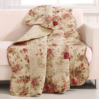 Fast Furnishings Red Pink Gold Ecru Floral Roses Quilt Throw Blanket in 100% Cotton