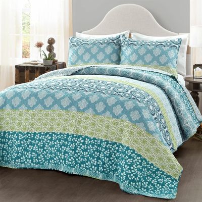 Fast Furnishings King Size Cotton 3 Piece Reversible Blue White Green Floral Damask Quilt Set