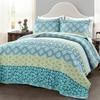 Fast Furnishings King Size Cotton 3 Piece Reversible Blue White Green Floral Damask Quilt Set view 1