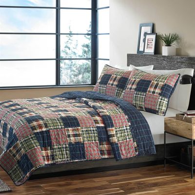 Fast Furnishings Twin Size Farmhouse Red Navy Plaid 100-Percent Cotton Reversible Quilt Set