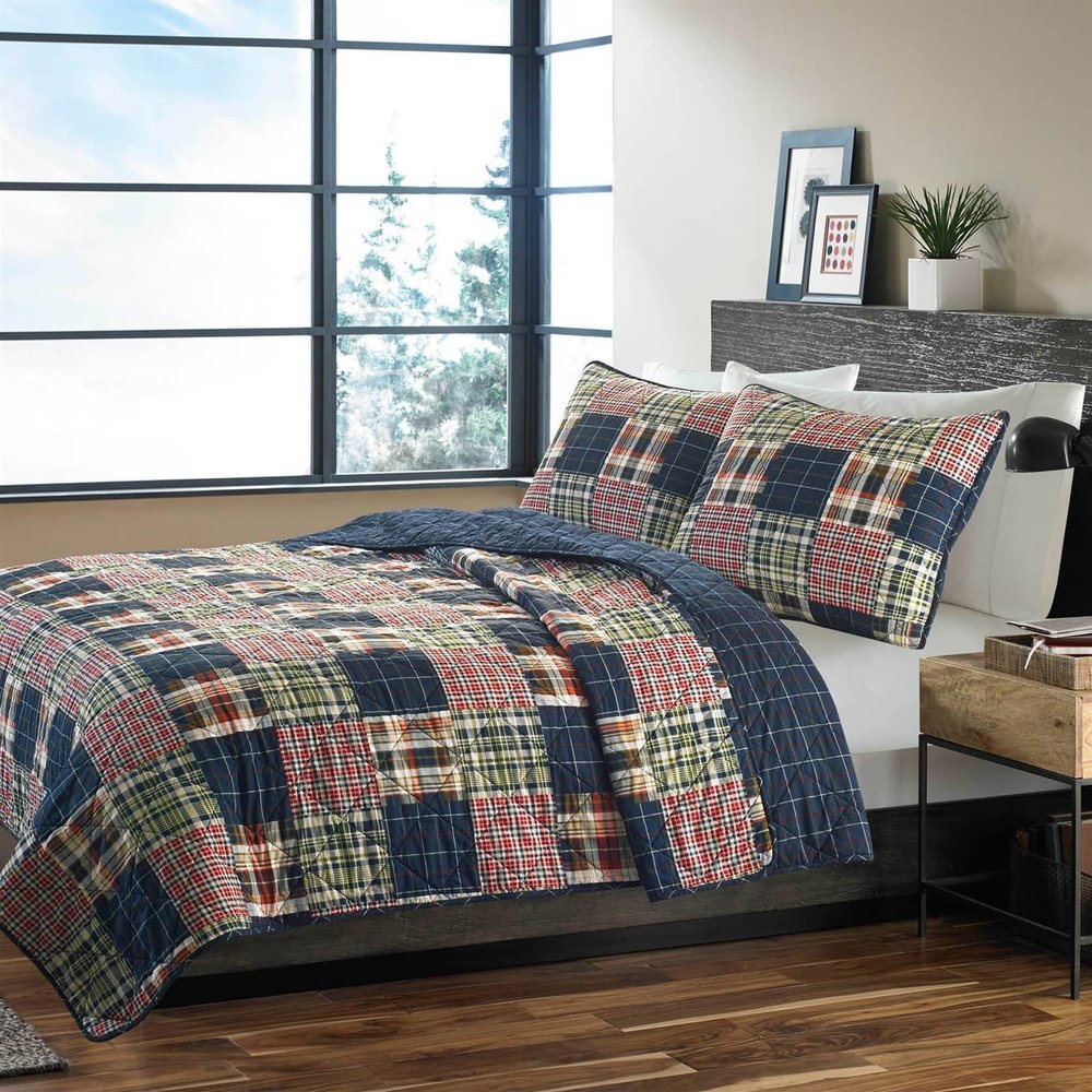 Fast Furnishings Twin Size Farmhouse Red Navy Plaid 100-Percent Cotton Reversible Quilt Set